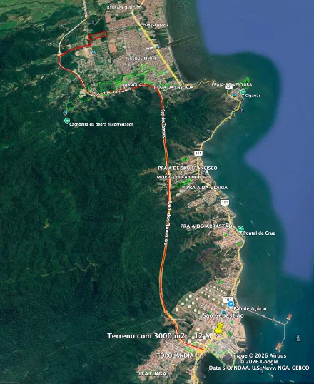 Rota do terreno em Porto Novo, Caraguatatuba, até o Porto de São Sebastião — distância de apenas 19 km