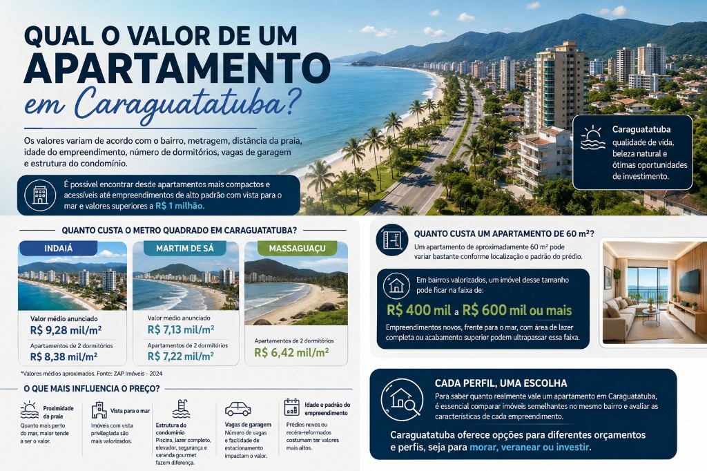 Infográfico sobre o valor de apartamentos em Caraguatatuba, com preço do m² por bairro e fatores que influenciam o preço